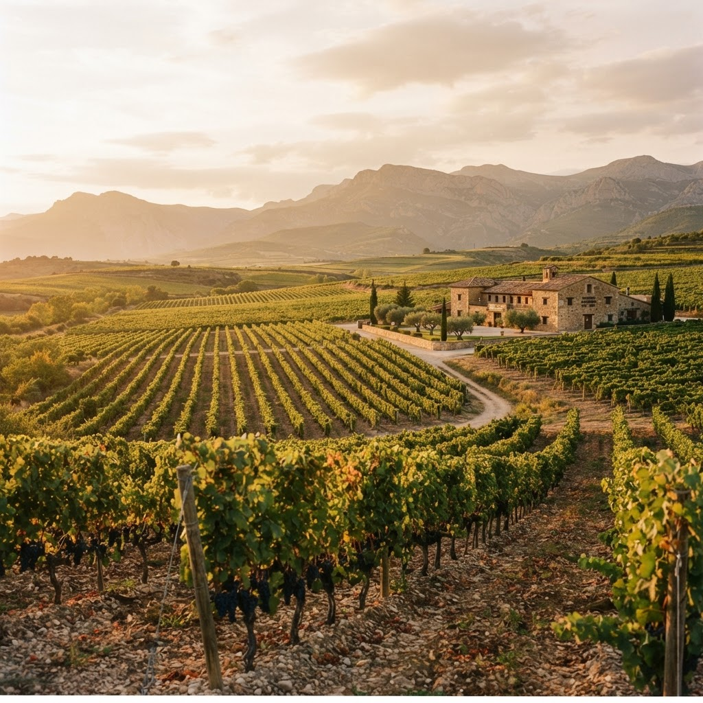 Spaanse wijngaard in La Rioja bij zonsondergang